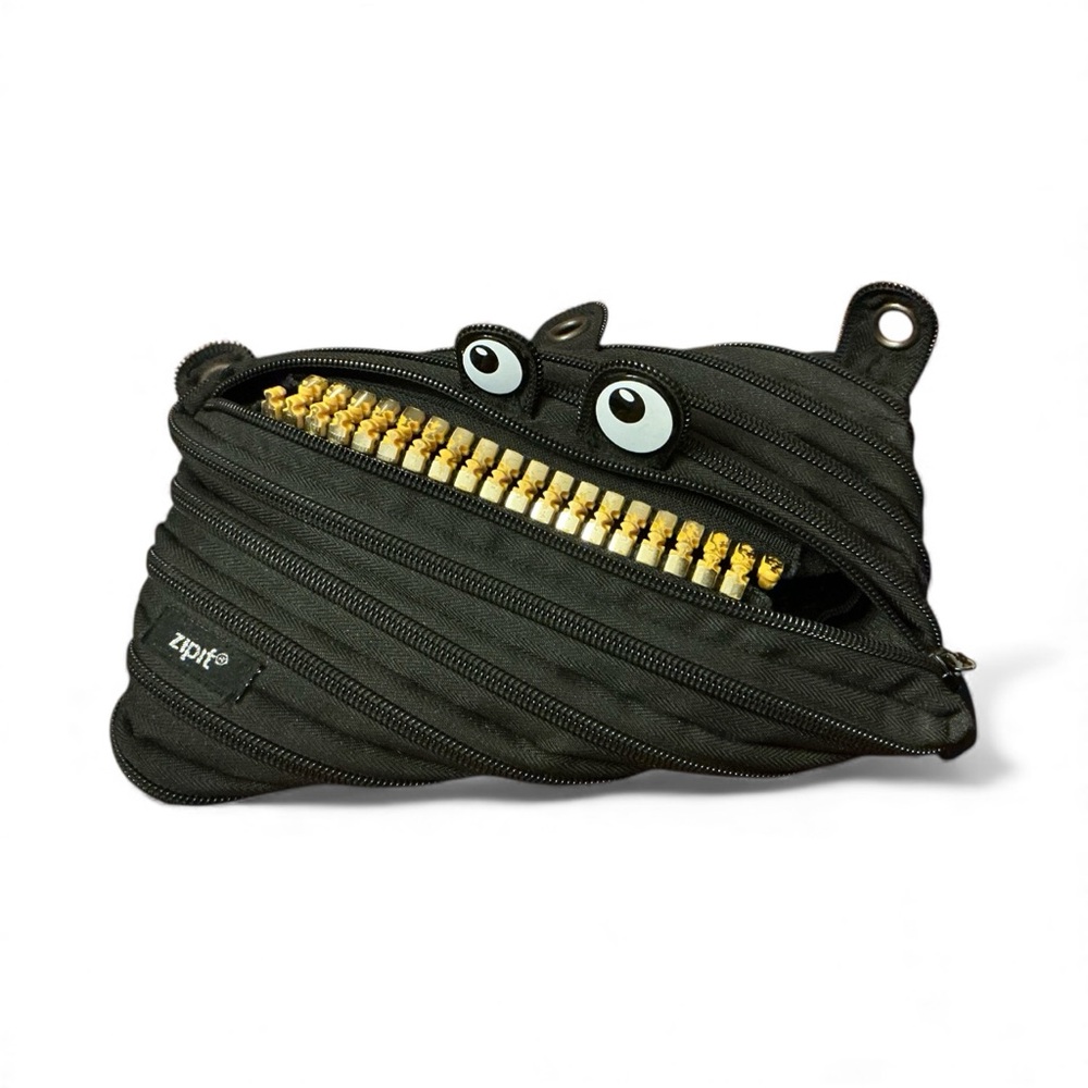Zipit Black Monster Googly Eyed Gold Teeth Pencil Case